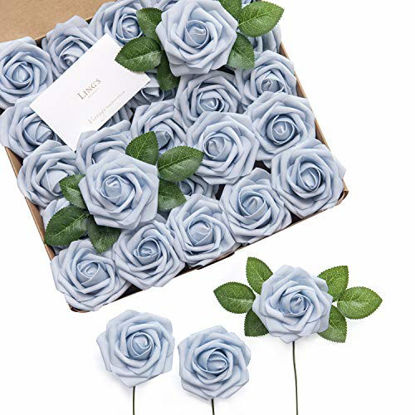Picture of Ling's moment Artificial Flowers Powder Blue Roses 25pcs Real Looking Fake Roses w/Stem for DIY Wedding Bouquets Centerpieces Arrangements Party Baby Shower Home Decorations