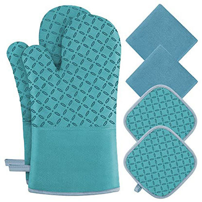 Picture of KEGOUU Oven Mitts and Pot Holders 6pcs Set, Kitchen Oven Glove High Heat Resistant 500 Degree Extra Long Oven Mitts and Potholder with Non-Slip Silicone Surface for Cooking (Turquoise)