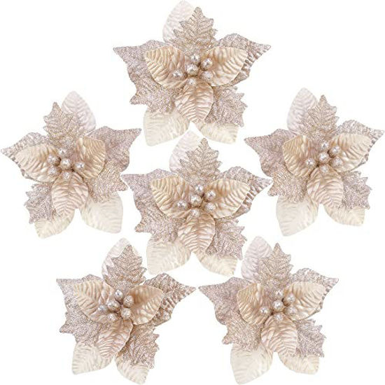 Picture of Sea Team 6-Pack Artificial Glitter Poinsettia Christmas Flower Ornaments Tree Decorations, 10-inch, Champagne