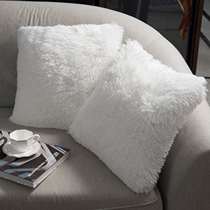 Picture of NordECO HOME Luxury Soft Faux Fur Fleece Cushion Cover Pillowcase Decorative Throw Pillows Covers, No Pillow Insert, 22" x 22" Inch,White, 2 Pack