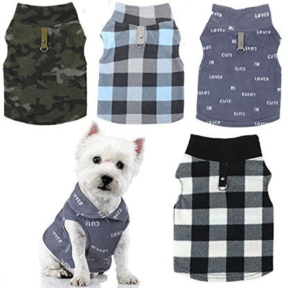 Picture of 4 Pieces Soft Fleece Vest with Leash Ring Fabric Dog Sweater Camouflage Plaid Winter Fleece Vest Dog Pullover Jacket Warm Pet Dog Clothes for Small Boy Dogs Cat Puppy Chihuahua (XS)