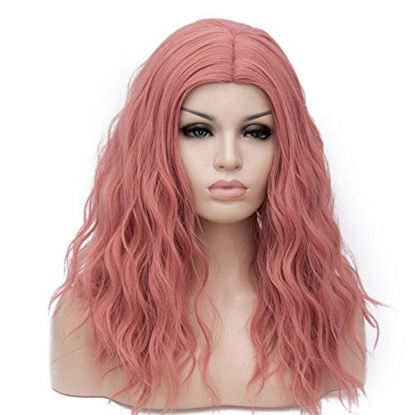 Picture of BUFASHION 20" Long Wavy Curly Pink Synthetic Wig for Women Girls Cosplay Wig Halloween Costume Wig with Wig Cap(Pink)