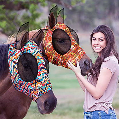 Picture of 2 Pieces Horse Fly Mask Horse Mask with Ears Smooth and Elasticity Fly Mask with UV Protection (Geometry Patterns, L)