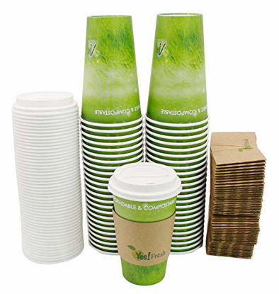 Picture of Special Green Grass Design, Paper Hot Cup,with Lids and Cup Sleeves,Eco-friendly,100% Blodegradable&Compostable (Green Grass, 16 0Z 50 count)