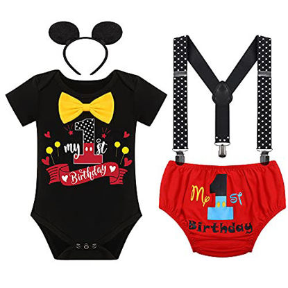 Picture of My First 1st Birthday Outfit Baby Boy Mouse Themed Party Supplies Gentleman Bowtie Romper Headband Suspenders Shorts Diaper Cover Pants Cake Smash Photo Shoot Clothes Stars Black 12-18 Months