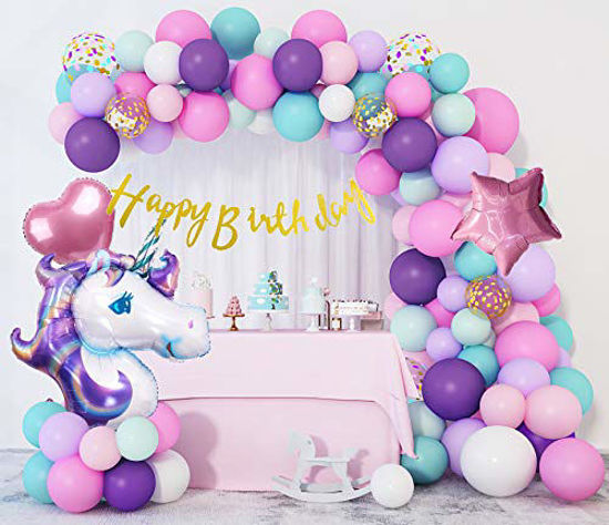 Picture of 207Pcs Unicorn Birthday Balloons Arch Garland Kit 40'' Foil Unicorn Balloon Confetti Latex Purple Pink Balloons Happy Birthday Banner Unicorn Birthday Decorations for Girls Party Supplies &4Pcs Tools