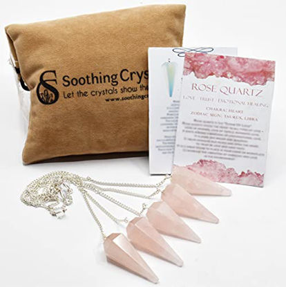 Picture of Soothing Crystals Bulk 5 Pcs Natural Rose Quartz Gemstone Dowsing Pendulums for Divination Chakra Healing Ideal Gift w/Pouch to Carry & Pendulum, Crystal Info Cards (Rose Quartz)