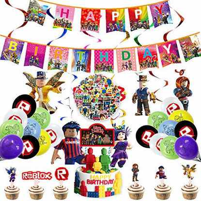 Picture of 100pcs rob-blox party supplies for boys ro b blox birthday party supplies birthday banner cake topper cupcake toppers hanging swirls balloons 50pcs waterproof stickers