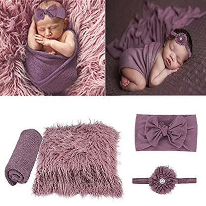 Picture of 4 Pcs Newborn Photography Props Outfits- Baby Long Ripple Wrap and Toddler Swaddle Blankets Photography Mat with Cute Headbands for Infant Boys Girls