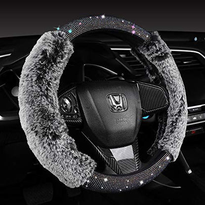 Picture of Women Fashion Fluffy Bling Steering Wheel Cover with Diamonds and Fur, Black, 15 inch Standard Furry Car Wheel Cover Sparkling, Warm, Comfy
