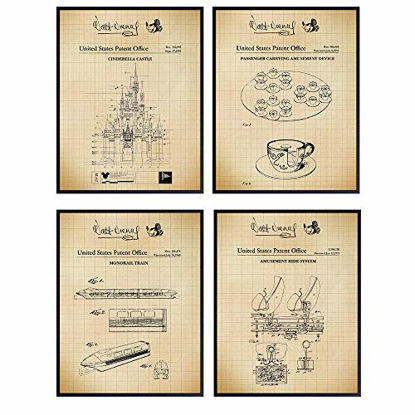 Picture of Disney Rides Patent Art Prints - Vintage Wall Art Poster Set - Chic Rustic Home Decor for Boys, Girls, Teens, Kids Room - Gift for Mickey Mouse, Disney World, Disneyland Fans, 8x10 Photos Unframed