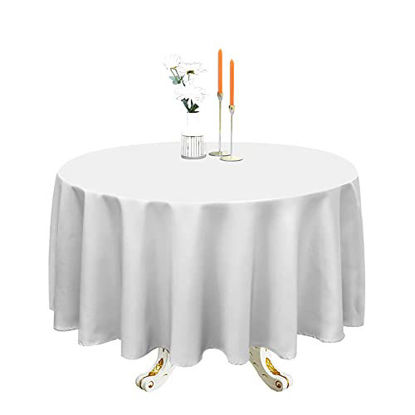 Picture of Romanstile Round Waterproof Tablecloth Stain Resistant and Wrinkle Free Table Cloths for Kitchen Dining/Party/Wedding Indoor and Outdoor Use Washable Polyester Table Cover (White, 108 inch)