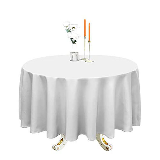 Picture of Romanstile Round Waterproof Tablecloth Stain Resistant and Wrinkle Free Table Cloths for Kitchen Dining/Party/Wedding Indoor and Outdoor Use Washable Polyester Table Cover (White, 108 inch)