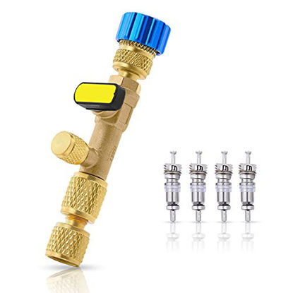Picture of Valve Core Removal Tool with Dual 1/4 and 5/16 Service Ports, Brass Car and HVAC Schrader Valve Tool for R22 R410a Refrigerant Systems, HVAC Valve Core Remover Installer with 4 Valve Cores