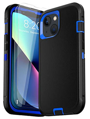Picture of kornsurte for iPhone 13 Case with 2 Tempered Glass Screen Protector, Heavy Duty Phone Case, Full Body 3 Layers Rugged Protective Shockproof Cover for Apple iPhone 13 6.1" (Black+Blue)