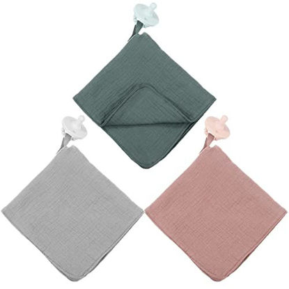 Picture of 3 Pieces Organic Cotton Muslin Baby Blanket with Snap Closure Pacifier Blanket Loveys for Babies Mini Baby Lovey with Holder Security Blanket (Pacifier Not Included)