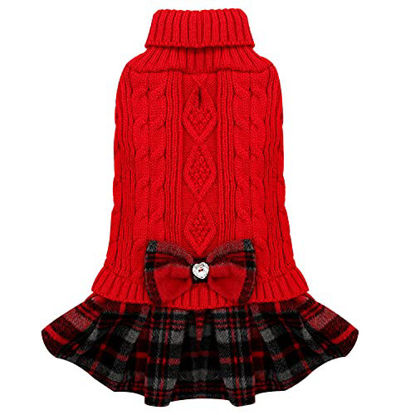 Picture of KYEESE Christmas Dog Sweater Dress Plaid for Small Dogs with Bowtie Turtleneck Dog Pullover Knitwear Puppy Sweater Red