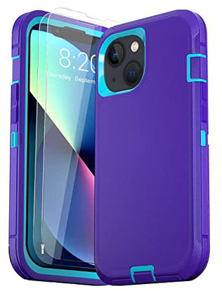 Picture of kornsurte for iPhone 13 Case with 2 Tempered Glass Screen Protector, Heavy Duty Phone Case, Full Body 3 Layers Rugged Protective Shockproof Cover for Apple iPhone 13 6.1" (Purple+LightBlue)