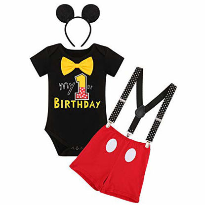 Picture of Mouse First Birthday Cake Smash Photo Props Outfit for Baby Boys Romper Suspenders Shorts Bloomers Headband Halloween Mouse Themed Party Supplies Gentleman Suits Black - 1st Birthday 9-12 Months