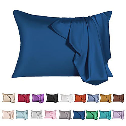 Picture of Mulberry Silk Pillowcase for Hair and Skin,Cooling Silk Pillow case with Hidden Zipper,Allergen Proof Dual Sides Soft Breathable Smooth Both Sided Silk Pillow Cover. (Gem Blue,20"x 26")