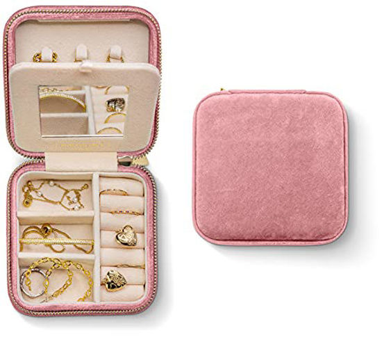 GetUSCart Plush Velvet Travel Jewelry Box Organizer Travel Jewelry Organizer Box Travel Jewelry Case Small Jewelry Box for Women Jewelry Travel Case Earring Organizer with Mirror Dusty Pink