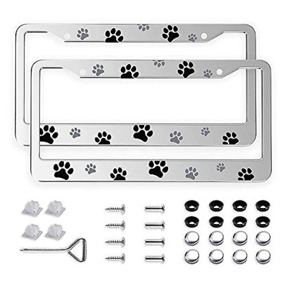 Picture of 2 Pcs Dog Paw License Plate Frames, 2 Holes Aluminum Alloy Silver Cat Paw License Plate Holder Tag Frame with Screw Caps, Universal American Frame Car Accessories for Pet Lovers