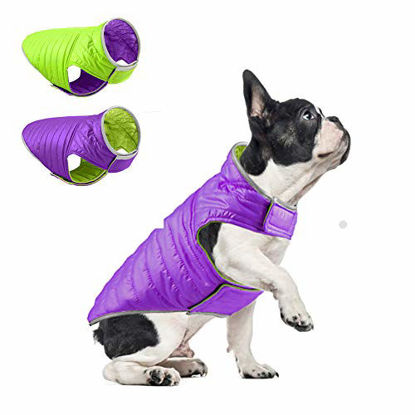 Picture of ZERO ZOO Dog Winter Coat Waterproof Windproof Reversible Warm Dog Apparel Adjustable Size for Small, Medium Dogs,Purple&Fluorescent Green-m