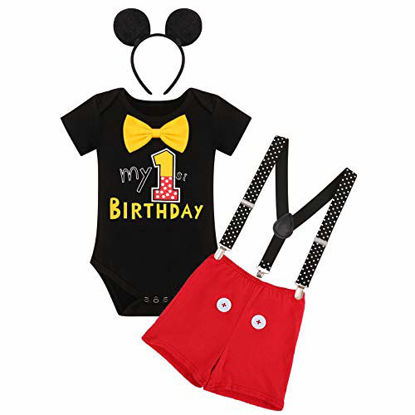 Picture of Mouse First Birthday Cake Smash Photo Props Outfit for Baby Boy Romper Suspenders Shorts Bloomers Headband Halloween Mouse Themed Party Supply Gentleman Black + Yellow - My 1st Birthday 12-18 Months