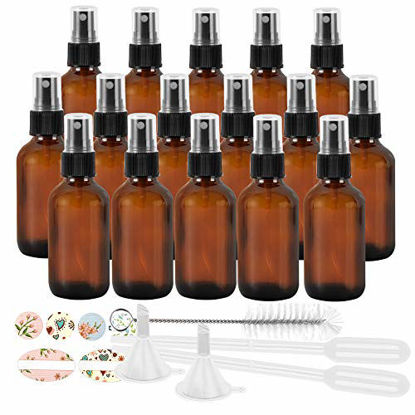 Picture of 16 Pack 120 ml 4oz Amber Glass Spray Bottles with Fine Mist Sprayer & Dust Cap for Essential Oils, Perfumes,Cleaning Products.Included 1 Brush,2 Funnels,2 Droppers & 18 Labels.