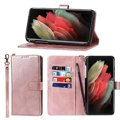 Picture of JWS-C Samsung Galaxy S21 Ultra 5G 6.8" Wallet Case with s Pen Holder-Card Holder -with Wrist Strap Lanyard-Luxury Leather Cover-for Women-Samsung Galaxy S21 Ultra 5G Flip Cell Phone case-Rose Gold