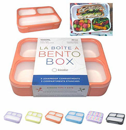 Picture of Bento Box For Adults Kids Women | Lunch Boxes with 3 Compartments |Portion Control Food Snack Container For Big Kids Teens, Work, School | Leakproof Divided Containers | Coral - Orange