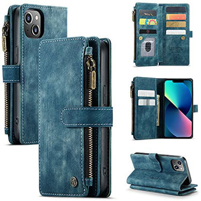 Picture of Zttopo Case for iPhone 13 Wallet case, 2 in 1 Premium Leather Zipper with Wireless Charging and Kickstand, 7 Card Slot Money Pocket Cover with Screen Protector Case Wallet 6.1 inch (Blue)