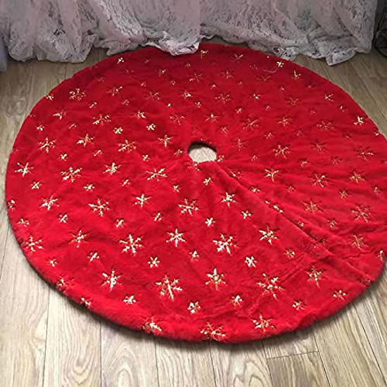 Picture of DegGod Plush Christmas Tree Skirts, 36 inches Luxury Red Faux Fur Xmas Tree Base Cover Mat with Gold Snowflakes for Xmas New Year Home Party Decorations (Red + Gold, 36 inches)