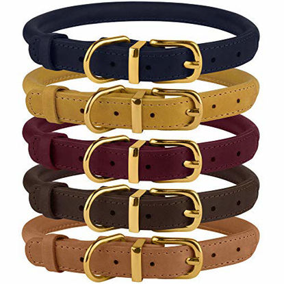 Picture of BRONZEDOG Rolled Leather Dog Collar Durable Round Rope Collars for Small Medium Large Dogs Puppy Cat Burgundy Mustard Dark Blue Light Brown (Neck Size 14" - 16 1/2", Mustard)