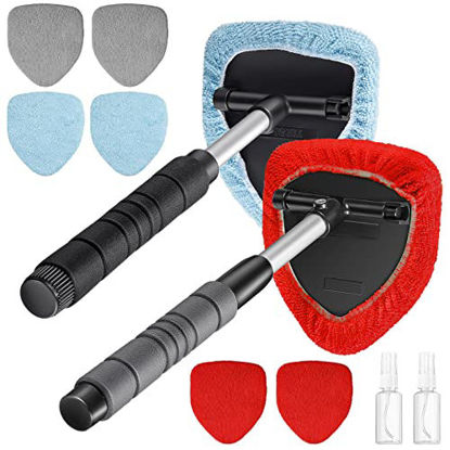 Picture of 2 Sets Windshield Cleaner Car Window Cleaner Car Window Cleaning Tool Glass Cleaner Wiper with Detachable Handle Microfiber Pads and Spray Bottle Car Cleanser Brush Car Cleaning Kit (Red Gray Blue)