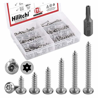 Picture of Hilitchi 210 Pcs #8 Stainless Steel Button Head Torx Sheet Metal Screws Silver Security Anti-Theft Tamper Proof Screws Assortment Kit with Screwdriver Bit T20 (#8 x 1/2" ~ #8 x 1-1/2")