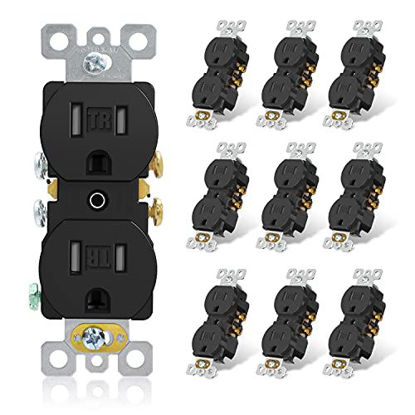 Picture of ELEGRP Tamper-Resistant Duplex Receptacle, 15A 125V Standard Electrical Duplex Wall Outlet, 2 Pole 3 Wire, 5-15R, Self-Grounding, Residential Grade Straight Blade, UL (Glossy Black, 10 Pack)