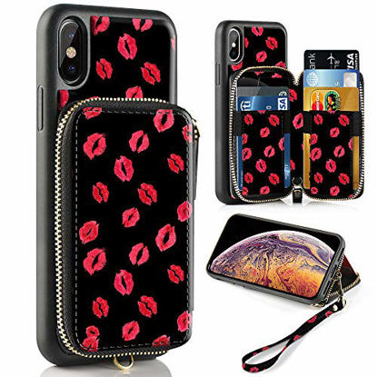 Picture of ZVE Case Apple iPhone Xs iPhone X, 5.8 inch, Zipper Wallet Case Leather Shockproof Cover Credit Card Holder Slot Handbag Purse Print Case Apple iPhone Xs X - Black Kiss