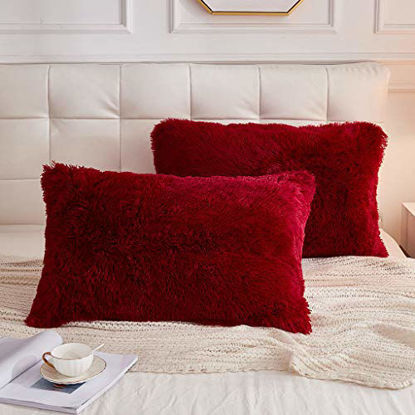 Picture of LIFEREVO 2 Pack Shaggy Plush Faux Fur Decorative Throw Pillow Cover Velvety Soft Cushion Case (Burgundy, Standard Queen)