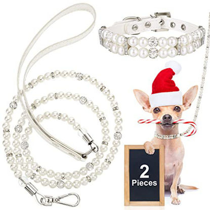 Picture of 2 Pieces Dog Artificial Pearl Collars Leash Set 2 Rows Pearls Pet Necklace and PU Leather Pearl Leash with Crystal Rhinestone Imitated Pearl Neck Strap for Dog Cat (Small, 0.6 x 49.2 Inch)
