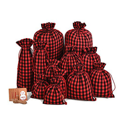 Picture of XCFWin 12 Pack Of Christmas Gift Bags With Drawstring Reusable Designs For Christmas Party Supplies Favors (red and black, mixed size)