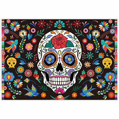 Picture of Allenjoy 7x5ft Day of The Dead Backdrop for Mexican Fiesta Sugar Skull Flowers Photography Background Dia DE Los Muertos Birthday Party Supplies Fiesta Banner Table Decor Decoration Photo Booth Studio