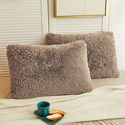 Picture of LIFEREVO 2 Pack Shaggy Plush Faux Fur Decorative Throw Pillow Cover Velvety Soft Cushion Case (Khaki, 20"x26")