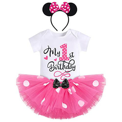 Picture of Baby Girls One 1st Birthday Outfit Mini Polka Dots Romper Tutu Dress Sequin Bowknot Mouse Headband Princess Skirt One Years Old Clothes Set for Kids Prom Dance Evening Ball Gown Hot Pink-1ST 1T