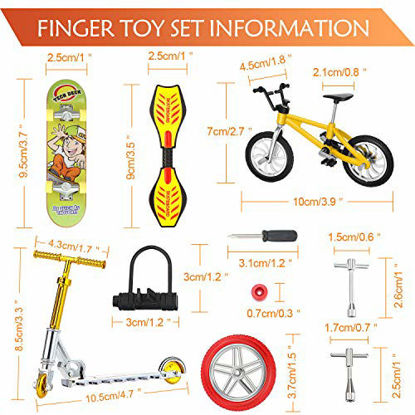 Picture of 18 Pieces Mini Finger Toys Set Hand Skateboard Finger Skateboards for Kids Finger Bikes Scooter Tiny Swing Board Fingertip Movement Party Favors Replacement Wheels and Tools