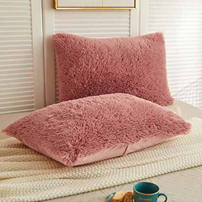 Picture of LIFEREVO 2 Pack Shaggy Plush Faux Fur Decorative Throw Pillow Cover Velvety Soft Cushion Case (Old Pink, 20"x26")