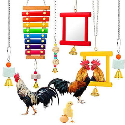 Picture of 6 Pieces Hen Chicken Toys for Coop, Chick Toys, Chicken Mirror Toy with Bells, Chicken Xylophone Toy with 8 Metal Keys, Parrot Grinding Stone, Sepak Takraw Toy, Dangling Bird Toy