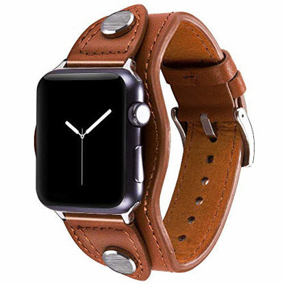 Picture of Konafei Compatible with Apple Watch Band 44mm 42mm iwatch Series SE/6/5/4/3/2/1, Leather Cuff Bracelets Stainless Steel Buckle Jewelry Accessories Vintage Strap for Men Women (Brown, 42/44mm)