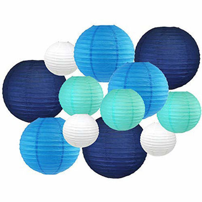 Picture of Just Artifacts Decorative Round Chinese Paper Lanterns 12pcs Assorted Sizes & Colors (Color: Blue/White)