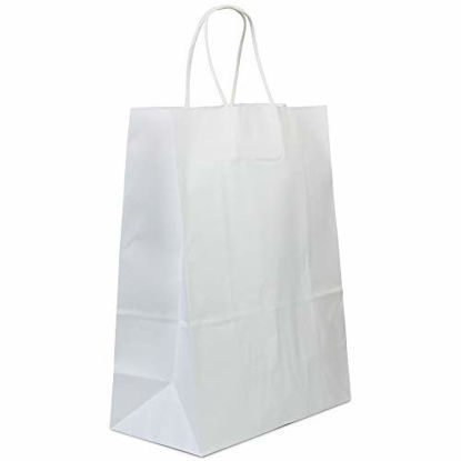Picture of [50 Pack] Heavy Duty White Paper Bags with Handles 13 x 10 x 5" 12 LB Twisted Rope Retail Shopping Gift Durable Barrel Sack